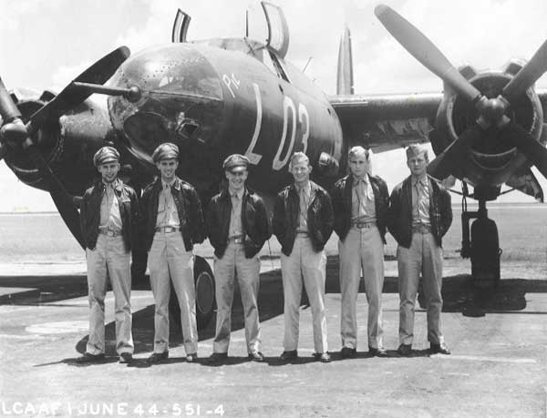 Left to Right: 1st Lt. Clarence E. Mickelson, Pilot (Penbine, Wisconsin);&nbsp; 2nd Lt.
Kenneth R. Messel, Co-Pilot (Bagsdale, Indiana); 2nd Lt. Ward C. Smidl, Bomb/Nav (Oak Park, Illinois);
S/Sgt. Eugene E. Weibking, Gunner (Thebes, Illinois); S/Sgt. Jay S. Troup, Gunner (Hegins, Pennsylvania);
S/Sgt. Robert D. Buckley, Gunner (Ogden, Iowa).